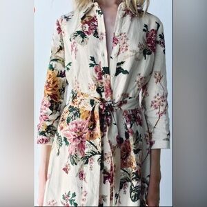 ZARA WOMAN MIDI BELTED FLORAL ZW COLL 100% LINEN SHIRT DRESS